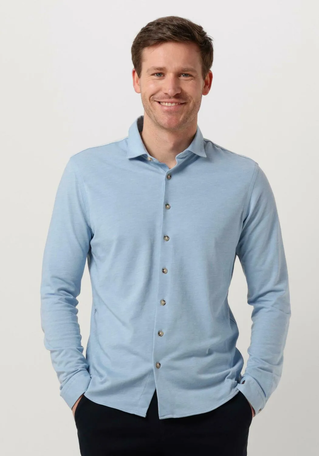 lichtblauwe cast iron casual overhemd long sleeve shirt cf jersey pique tec