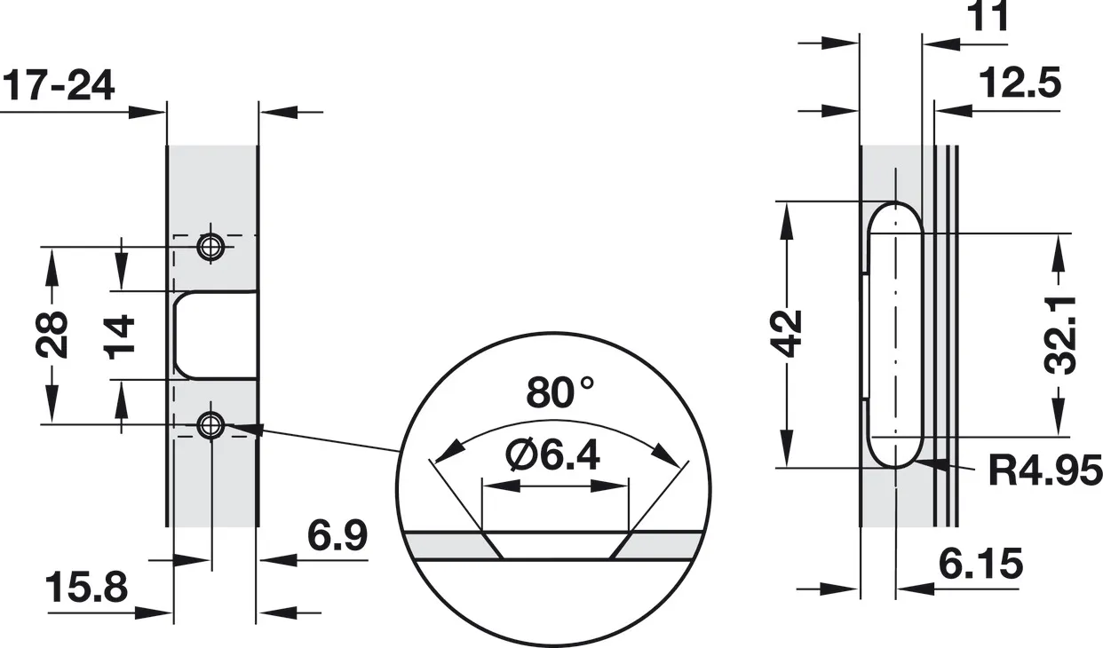 Potscharnier, Häfele Metalla 510 A/SM 105°, zijwandmontage