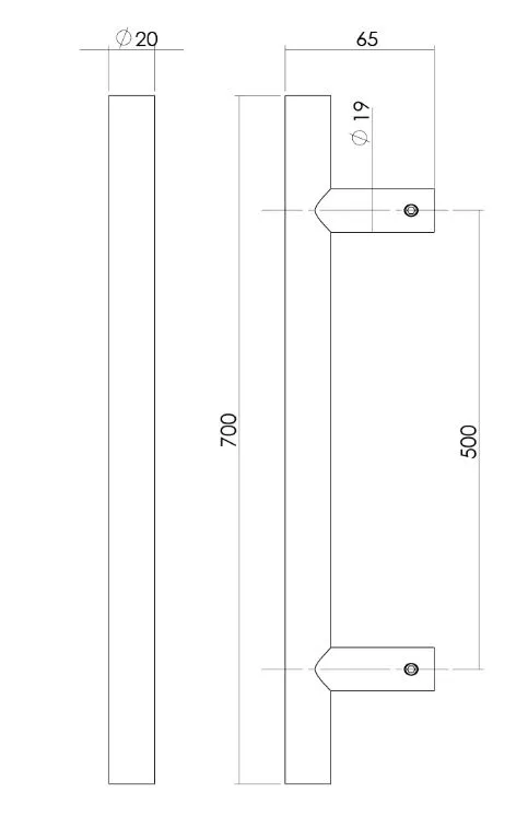 SET DEURGREPEN TVORM 700X65X20 HOH 500 MM RVS/MAT ZWART