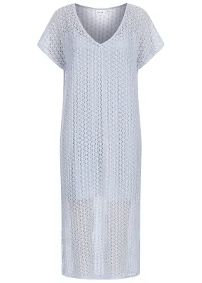 VILA Damen Midi V-Neck Kleid 2-lagig Strukturstoff hell blau
