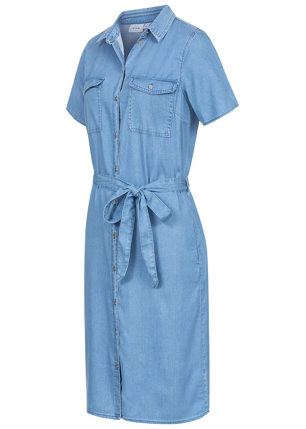 VILA Dames NOOS Blouse Jurk in denim look met 2 borstzakken en bindceintuur blauw