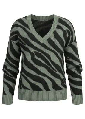 VILA Dames NOOS Gebreide trui met v-hals en zebraprint groen zwart